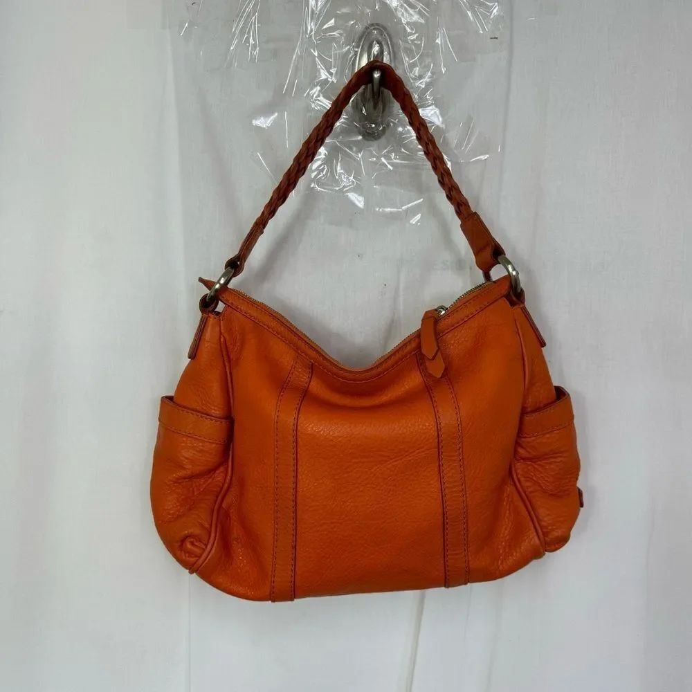 Cole Haan Pebbled Leather Zip Braided Strap Shoulder Hobo Bag Handbag Orange - Picture 8 of 14